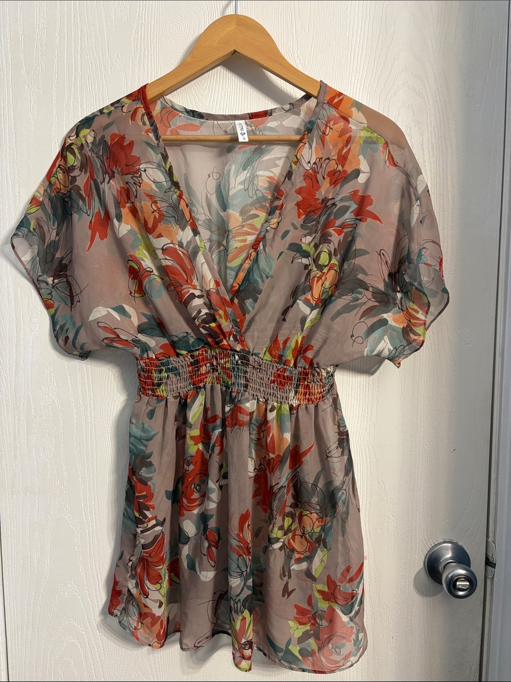 Full Tilt Taupe Floral V-Neck Smocked Waist Blouse